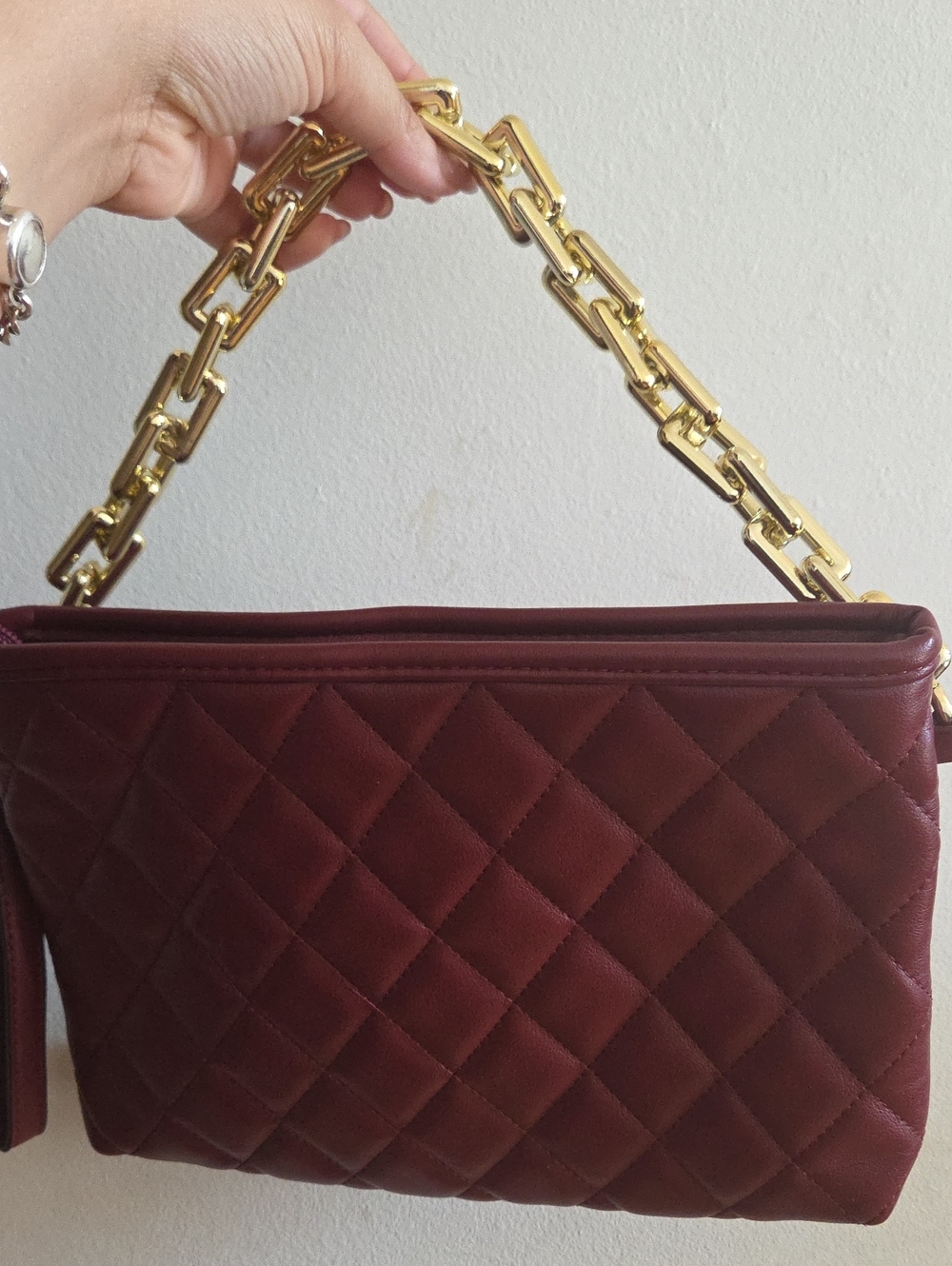 Quilted Burgundy Shoulder Bag with Gold Chain Handle